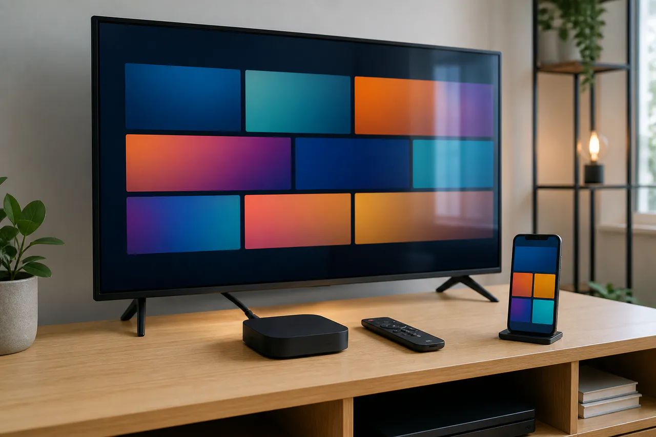 Modern Smart TV, streaming box and phone ready for IPTV setup guidance