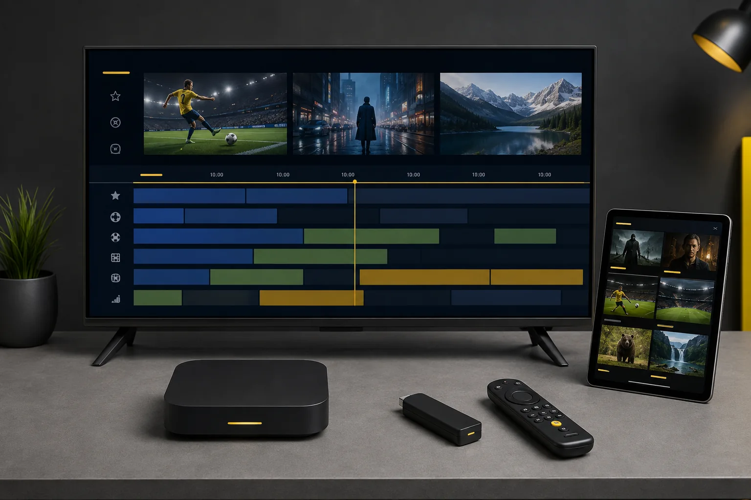 Illustration of a television programme guide beside a streaming box and remote