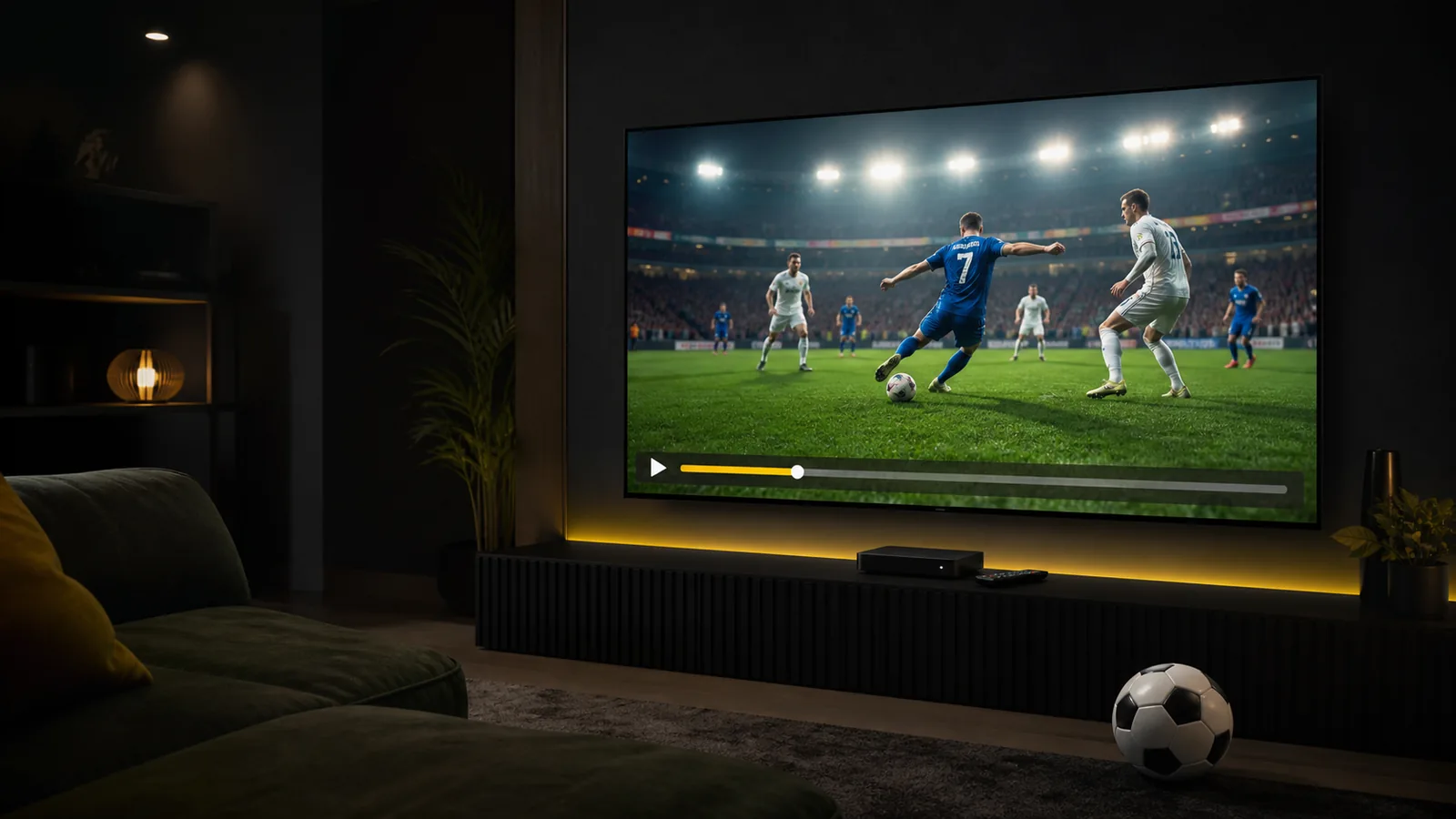 Football on a large television with a box and remote ready for match night
